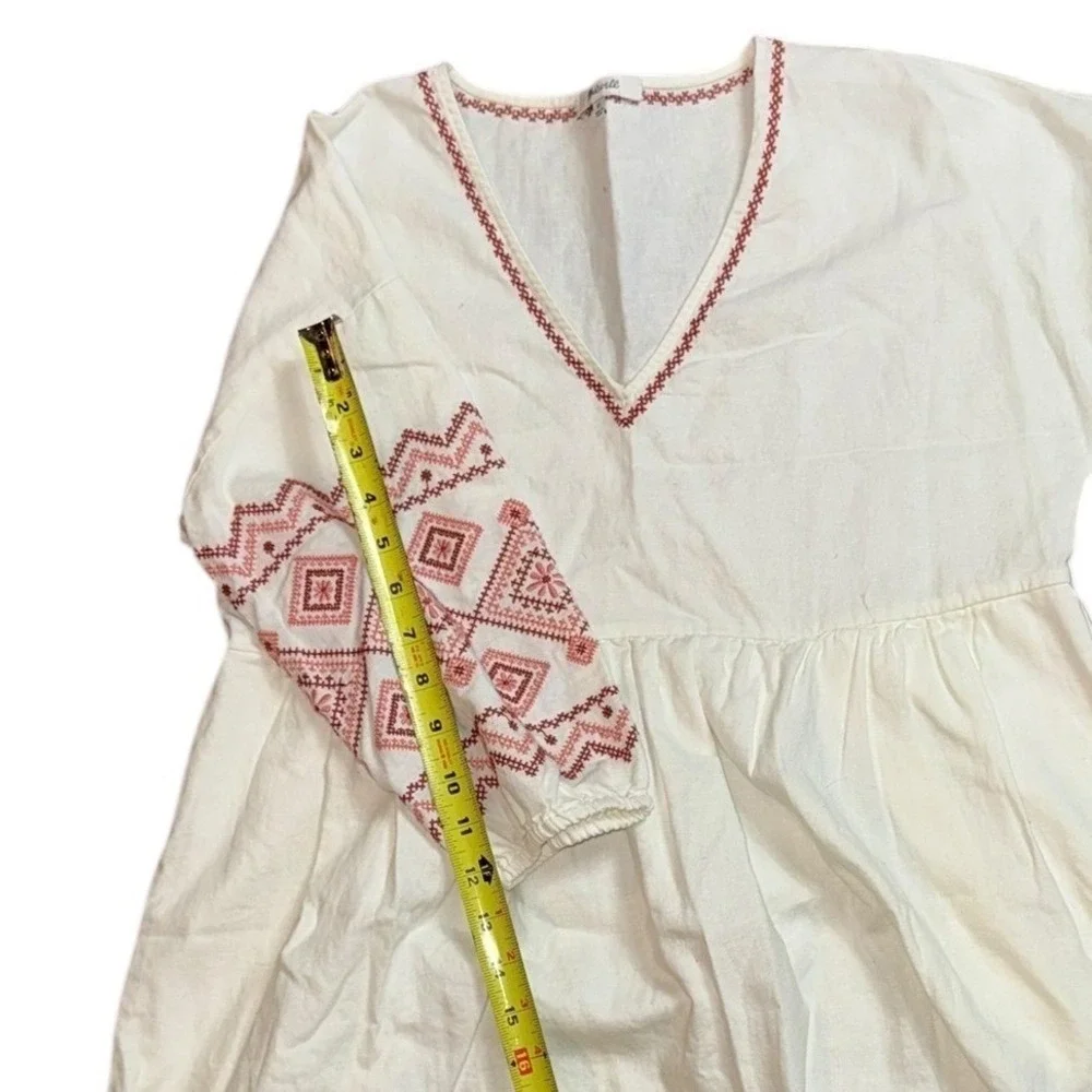 Madewell‎ Embroidered V Neck Linen Blend Midi Dress Women SP White Red - Picture 5 of 12